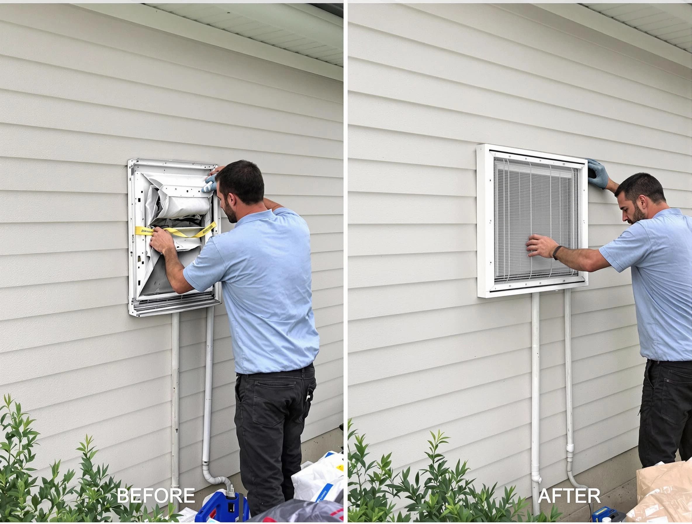 Boston Dryer Vent Cleaning technician installing high-quality dryer vent cover at a residential property in Boston