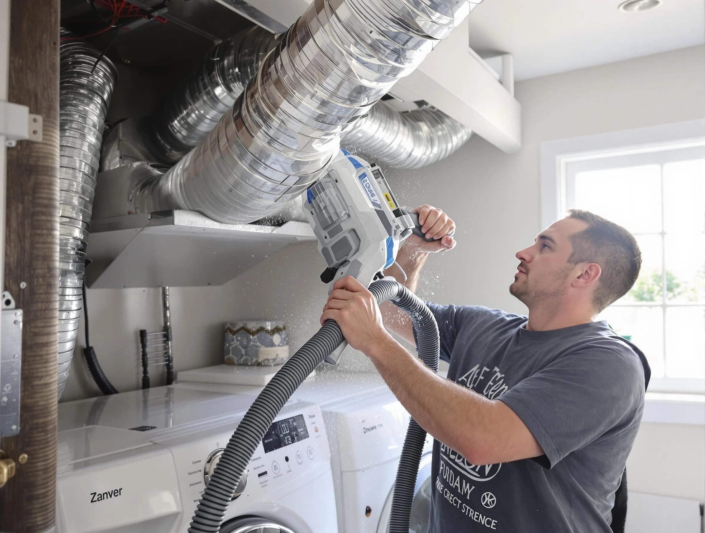 Boston Dryer Vent Cleaning specialist cleaning deep within a dryer vent duct system in Boston