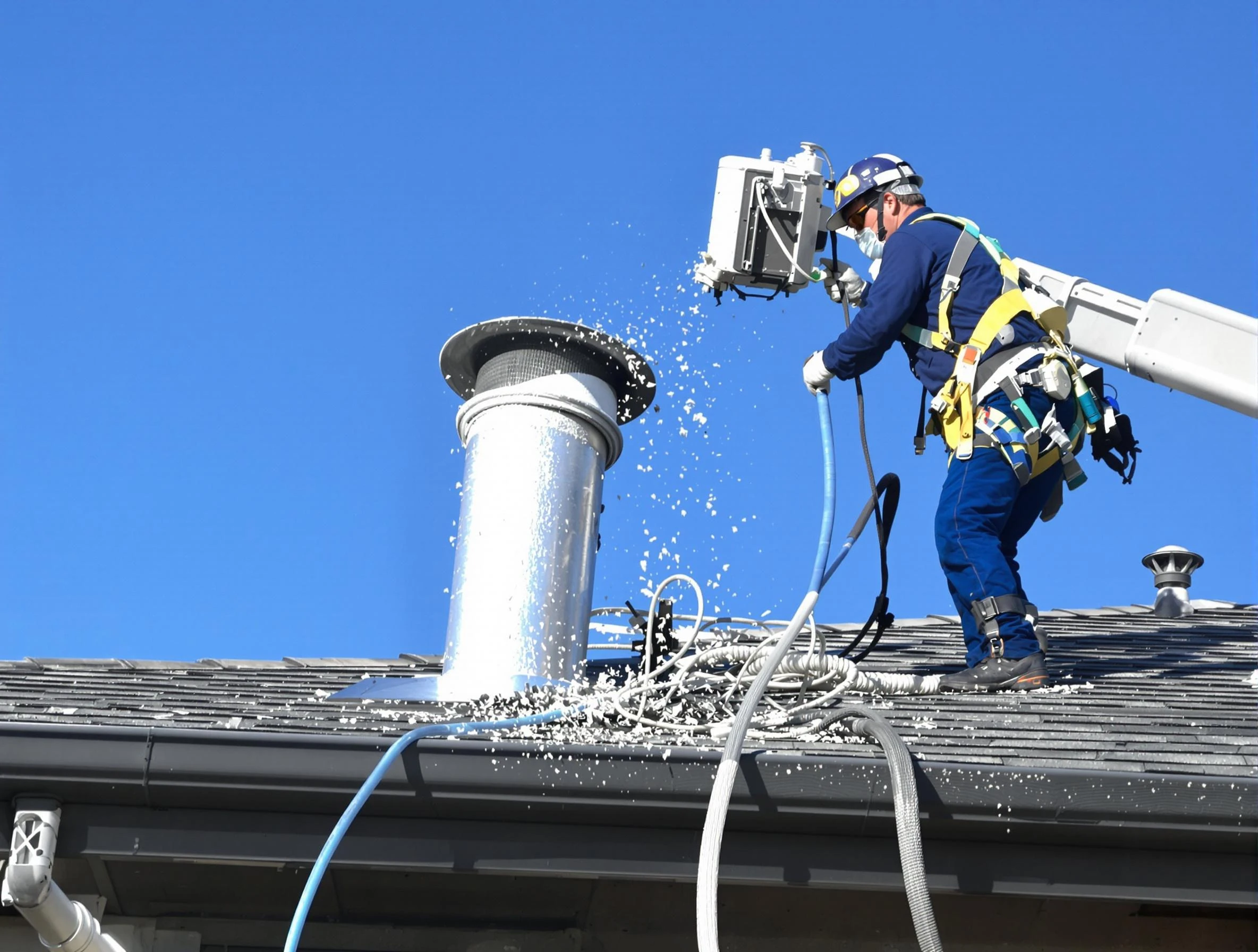 Boston Dryer Vent Cleaning certified technician safely cleaning a roof-mounted dryer vent in Boston
